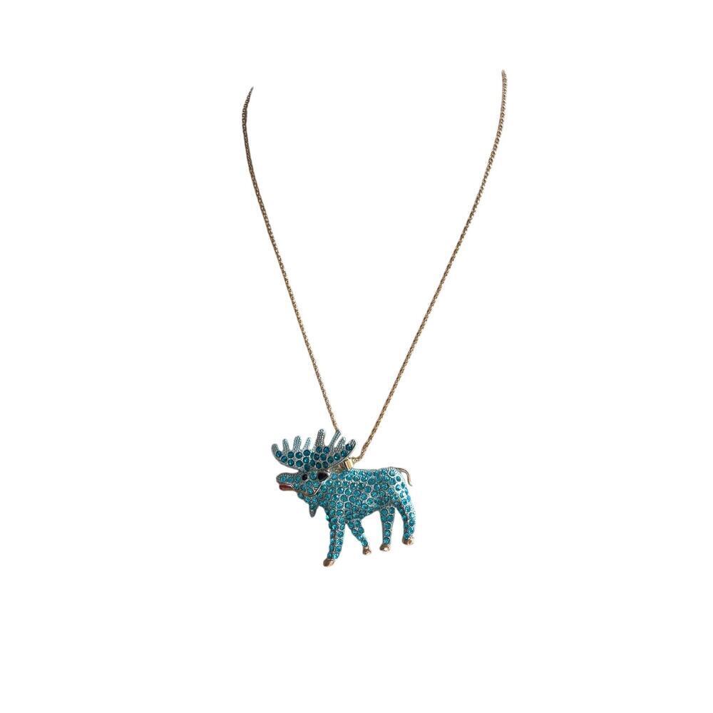 Women's Betsey Johnson Moose Necklace Blue & Gold Rhinestone Giftable NIB